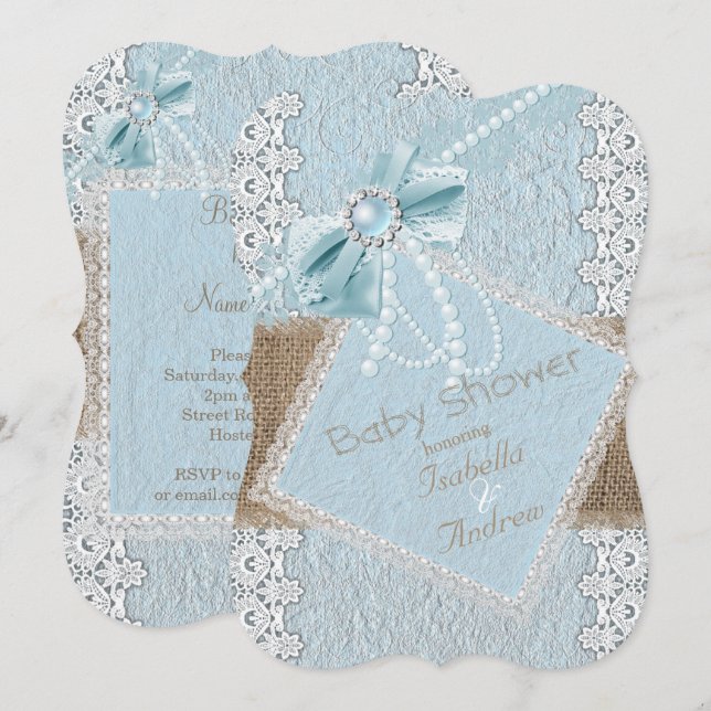 Baby Shower Rustik Blå Slöja Pärlbroderi Jute Inbjudningar (Fram/baksida)