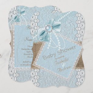 Baby Shower Rustik Blå Slöja Pärlbroderi Jute Inbjudningar