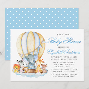 Baby Shower Safari Animals Luft Balloon Clouds Dot Inbjudningar