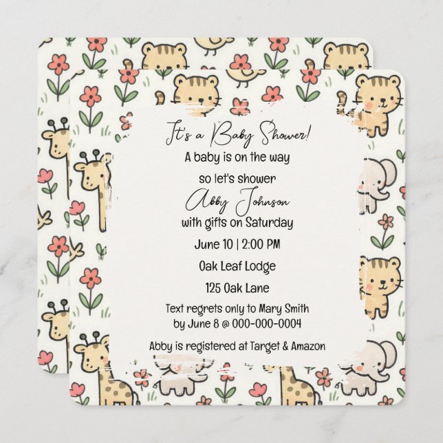 Baby Shower Safari Animals with Flowers Inbjudningar (Fram/baksida)