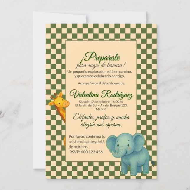 Baby Shower Safari Editable Chess pattern Elefante Inbjudningar (Framsida)