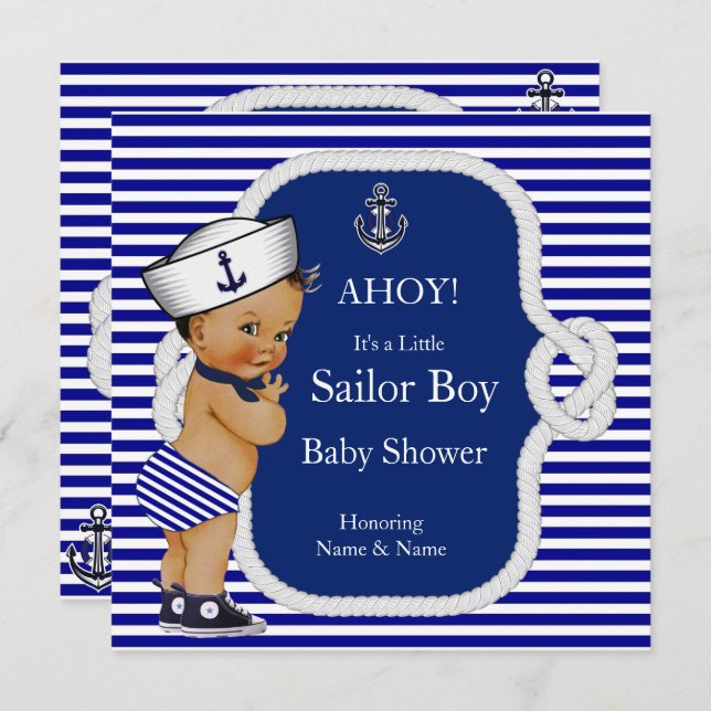 Baby Shower Sailor Boy Blue Rand Brunette Inbjudningar (Fram/baksida)