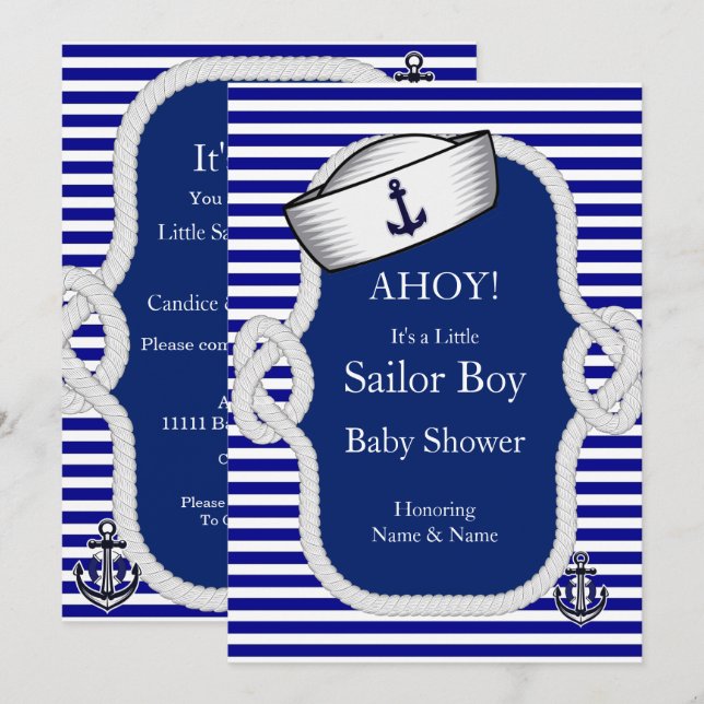 Baby Shower Sailor Hat Boy Blue Rand Inbjudningar (Fram/baksida)