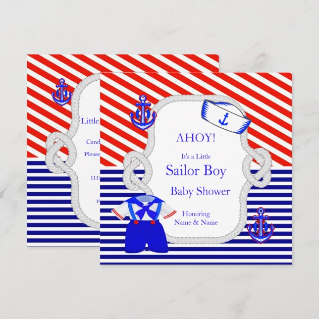 Baby Shower Sailor Kostym Boy Red Royal Blue Rand Inbjudningar (Fram/baksida)