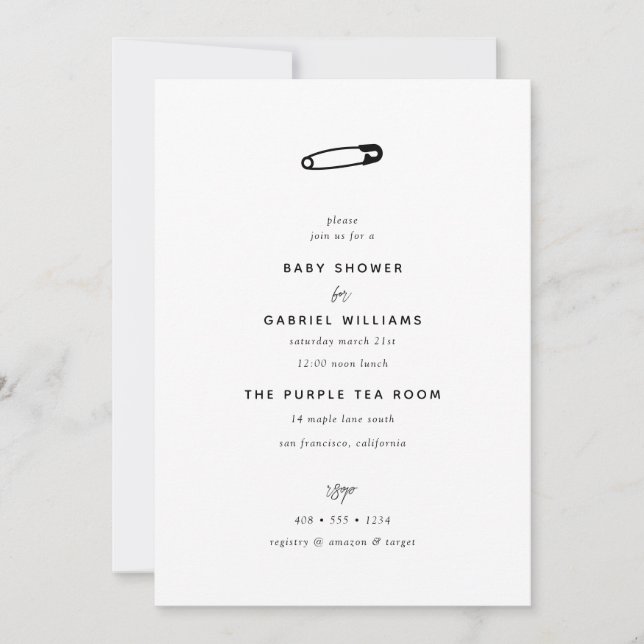 Baby Shower | Säkerhetsnål Bebis Inbjudningar (Framsida)