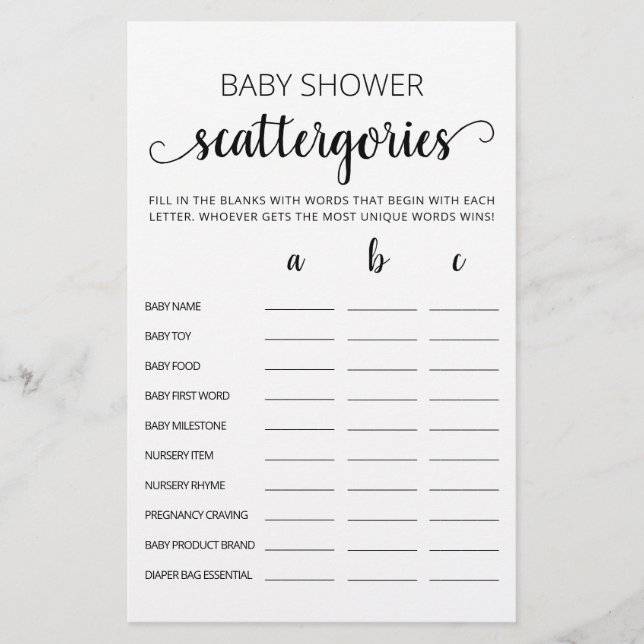 Baby Shower Scattergories party-spel (Framsida)