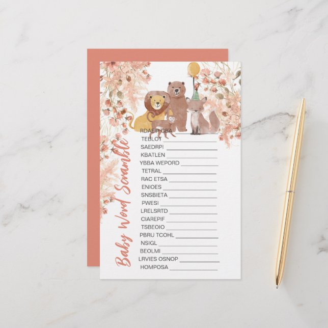 Baby Shower Scramble Boho Safari Rosa Pampas Grass (Fram/Back In Situ)