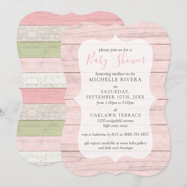 Baby Shower Shabby Rosa & Sage Grönt Rustic Wood I Inbjudningar (Fram/baksida)