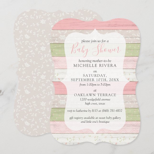 Baby Shower Shabby Rosa & Sälggrön Rustik Trä Inbjudningar (Fram/baksida)