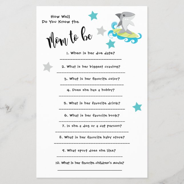 Baby Shower Shark Hur bra du känner till kortet Flygblad (Framsidan)