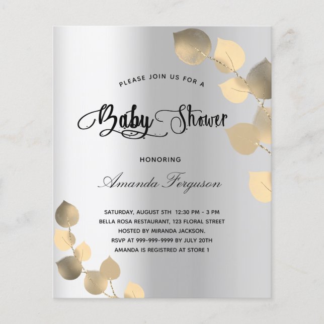 Baby shower silver eucalyptus budget inbjudan (Framsida)