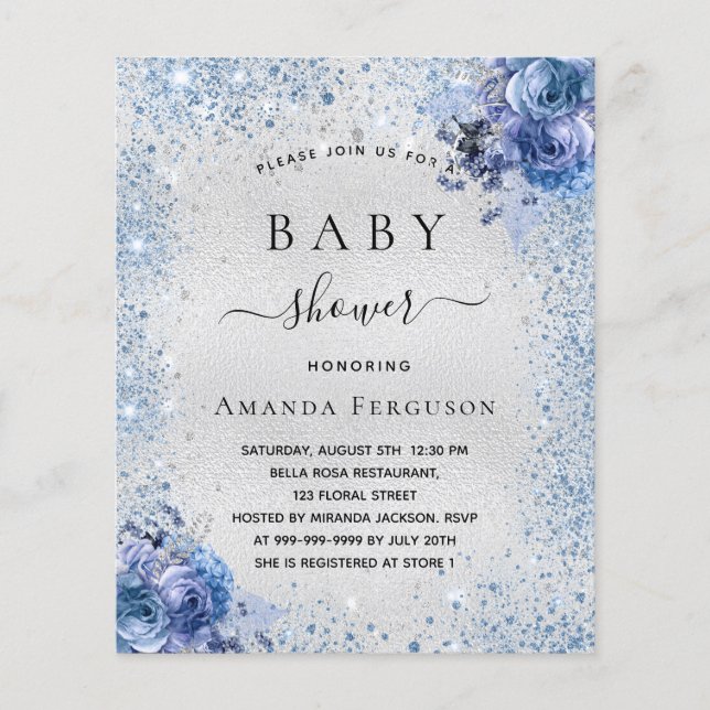 Baby shower silver floral blå budget inbjudan flygblad (Framsidan)