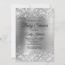 Baby Shower Silver Glitterig Folie Snygg Skrift Inbjudningar
