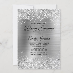 Baby Shower Silver Glitterig Folie Snygg Skrift Inbjudningar