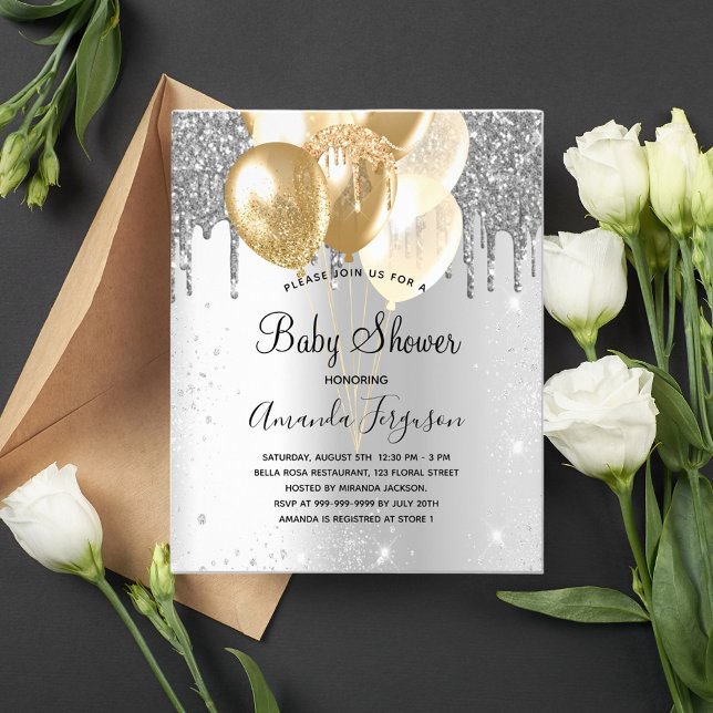 Baby Shower silver guld ballonger budget inbjudan Flygblad (Skapare uppladdad)