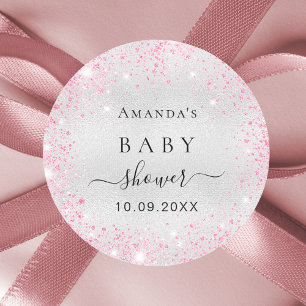 Baby Shower silver rosa glitter Runt Klistermärke