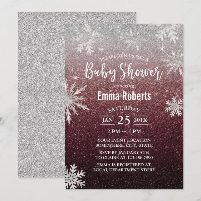 Baby Shower Silver Snowflake Burgundy Red Glitter Inbjudningar (Fram/baksida)