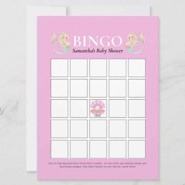 Baby Shower Sjöjungfru Mor Rosa White Bingo Inbjudningar (Framsida)