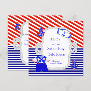 Baby Shower Sjöman Dräkt Pojke Röd Royal Blå Rand Inbjudningar