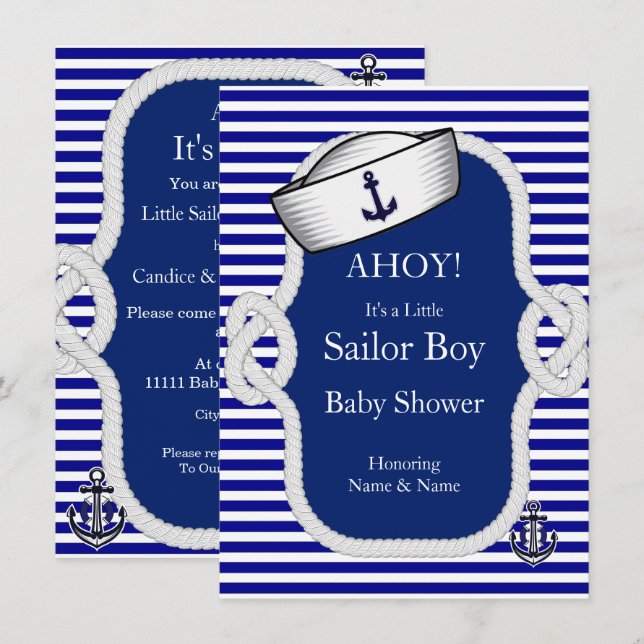 Baby Shower Sjöman Hat Pojke Blå Rand Inbjudningar (Fram/baksida)