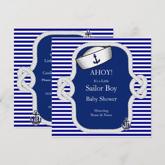 Baby Shower Sjöman Hat Pojke Blå Rand Inbjudningar (Fram/baksida)