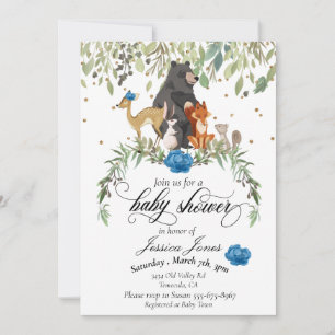 Baby Shower Skogsdjur Blommig Blå Pojke Inbjudningar