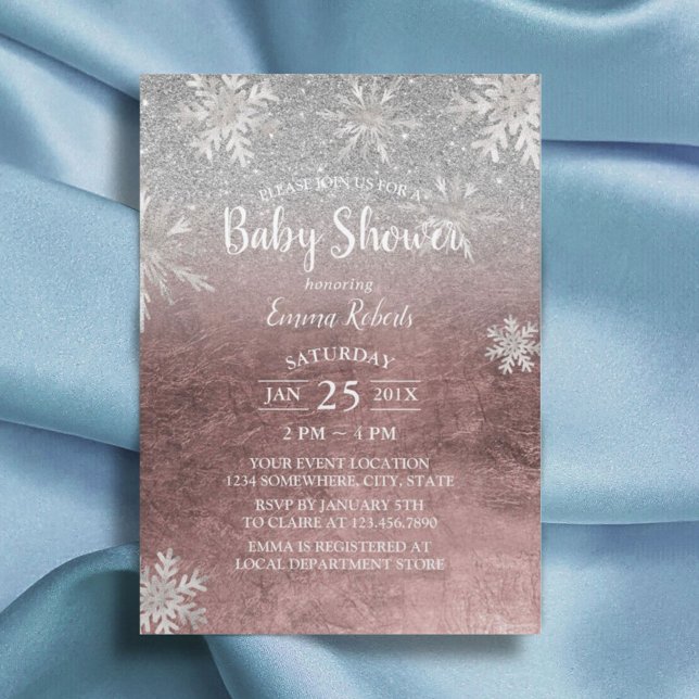 Baby Shower Snöflingor Modern Ro Guld & Silver Inbjudningar (Skapare uppladdad)