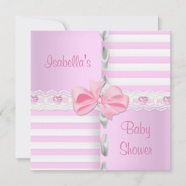 Baby Shower Snygg Satin Rosa Vit Rand Båge Inbjudningar (Framsida)