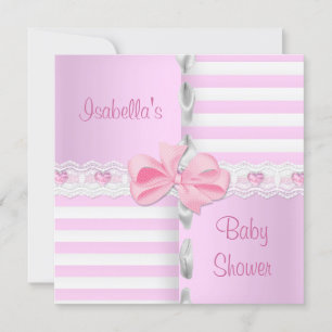 Baby Shower Snygg Satin Rosa Vit Rand Båge Inbjudningar