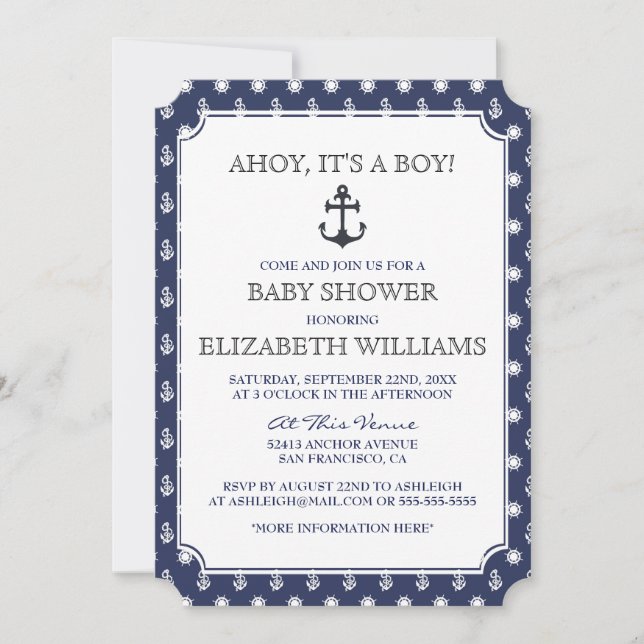 Baby Shower | Snyggt Formell Navy Nautical Anchor Inbjudningar (Framsida)