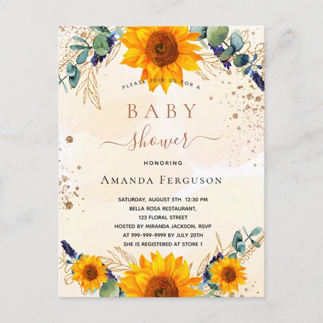 Baby Shower-solblommor eucalyptus guld glitter Inbjudan Vykort (Framsida)