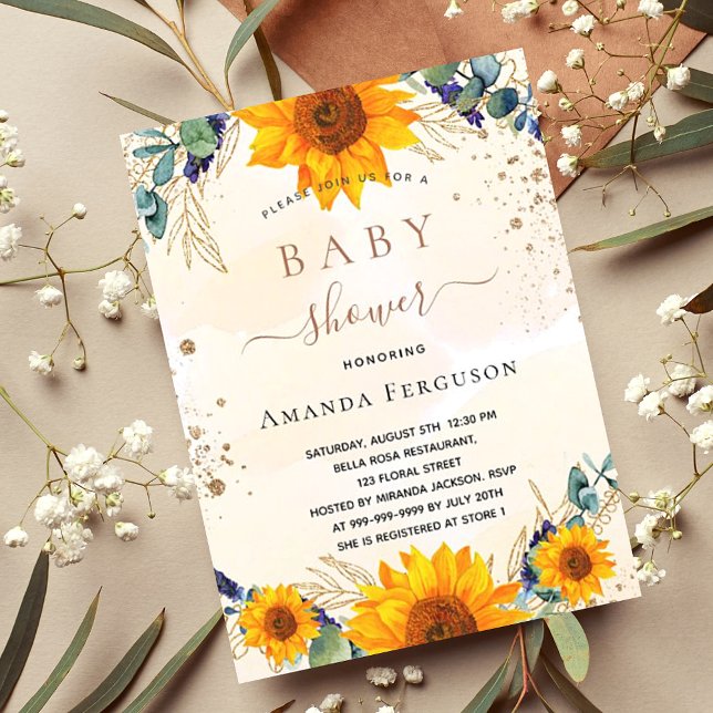 Baby Shower-solblommor eucalyptus guld glitter Inbjudningar (Skapare uppladdad)