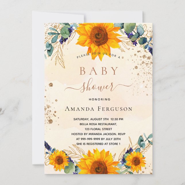 Baby Shower-solros eucalyptus glitter Inbjudningar (Framsida)