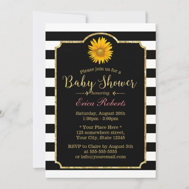 Baby Shower Solros Modern Black & White Rand Inbjudningar (Framsida)
