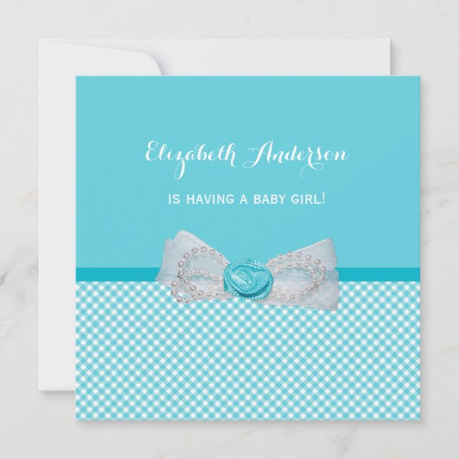 Baby Shower Söt Aqua Gingham Cute Blue Bow Inbjudningar (Framsida)