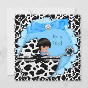 Baby Shower Söt Baby Pojke Blå Vagn Ko Inbjudningar