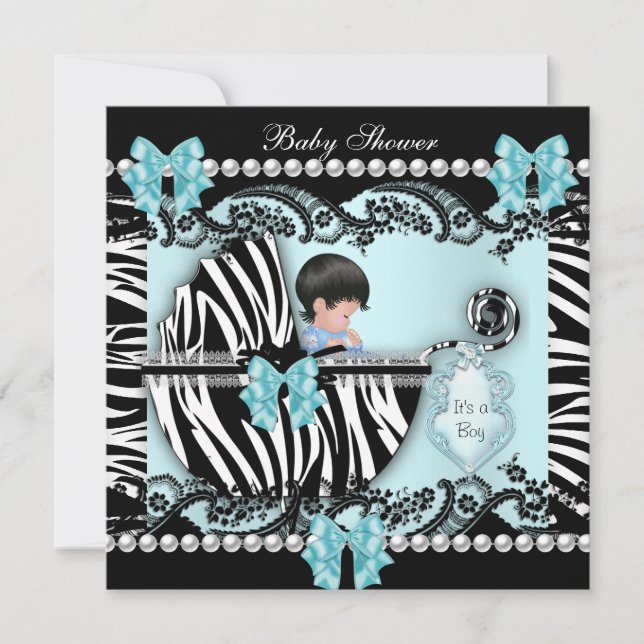 Baby Shower Söt Baby Pojke Blå Zebra Spets Inbjudningar (Framsida)