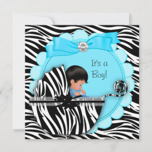 Baby Shower Söt Baby Pojke Blå Zebra Vagn Inbjudningar