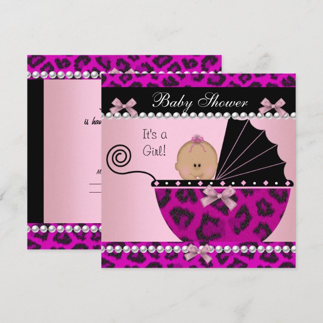 Baby Shower Söt Babyflicka Het Rosa Leopard Inbjudningar (Fram/baksida)