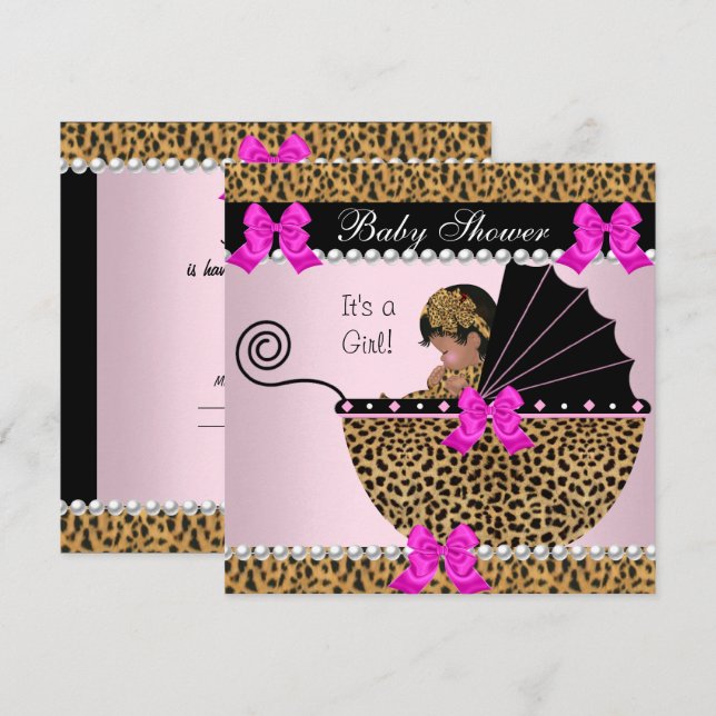 Baby Shower Söt Babyflicka Leopard Hetrosa Inbjudningar (Fram/baksida)