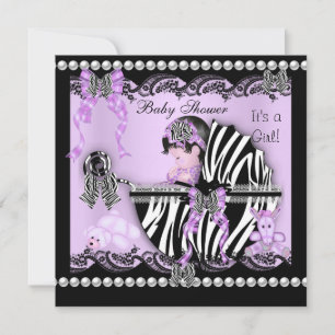 Baby Shower Söt Babyflicka Lilafärg Zebra Spets Inbjudningar