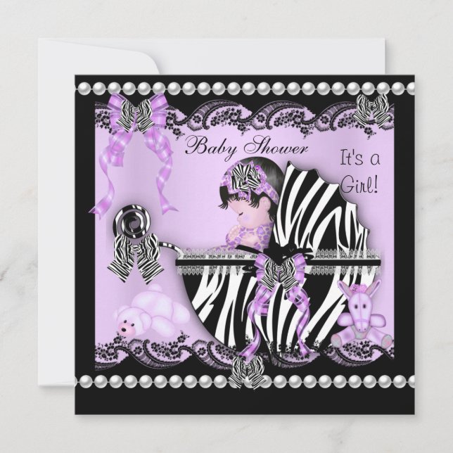 Baby Shower Söt Babyflicka Lilafärg Zebra Spets Inbjudningar (Framsida)