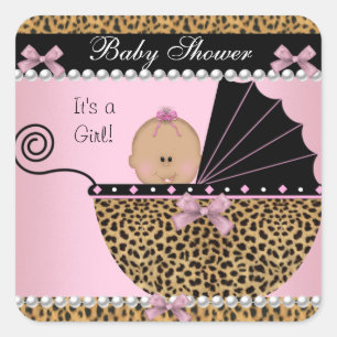 Baby Shower Söt Babyflicka Rosa Leopard Fyrkantigt Klistermärke