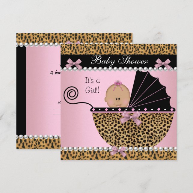 Baby Shower Söt Babyflicka Rosa Leopard Inbjudningar (Fram/baksida)