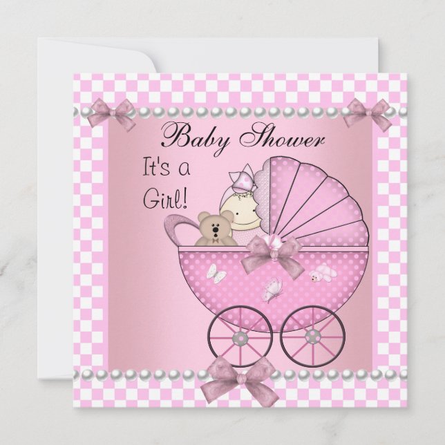Baby Shower Söt Babyflicka Rosa Rutig Barnvagn Inbjudningar (Framsida)