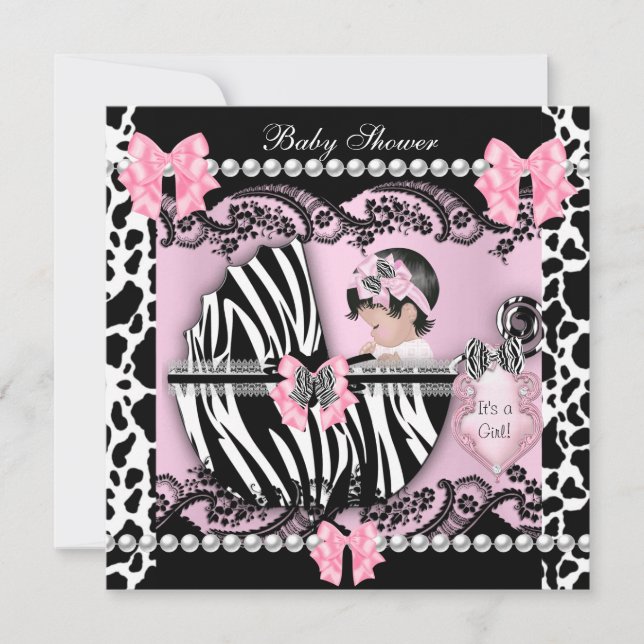 Baby Shower Söt Babyflicka Rosa Zebra Ko Spets Inbjudningar (Framsida)