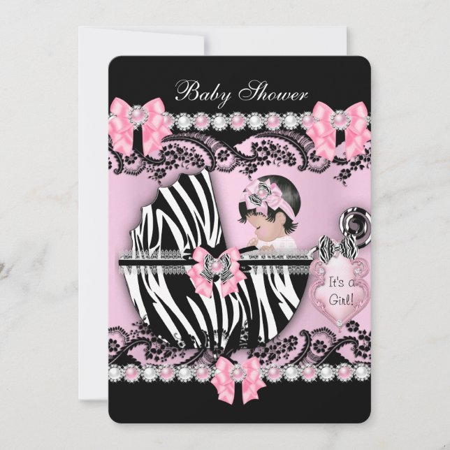 Baby Shower Söt Babyflicka Rosa Zebra Pärlor Inbjudningar (Framsida)
