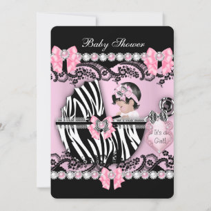 Baby Shower Söt Babyflicka Rosa Zebra Pärlor Inbjudningar