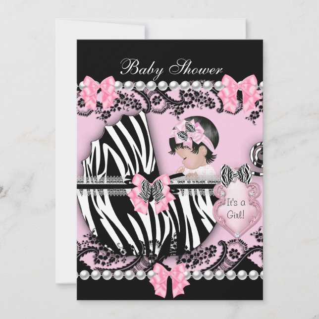 Baby Shower Söt Babyflicka Rosa Zebra Spets 2 Inbjudningar (Framsida)