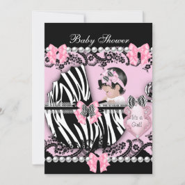 Baby Shower Söt Babyflicka Rosa Zebra Spets 2 Inbjudningar